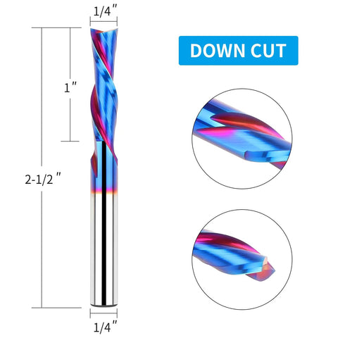 End mill router bit, downcut spiral, 1/4 in shank and 1/4 in cutting diameter, solid carbide with nano blue coating