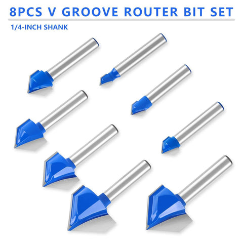 Eight-Piece 90 Degree V-Groove Router Bit Set With 1/4 Inch Shank, Carbide-Tipped 2-Flute Engraving Bits for woodworking, set display