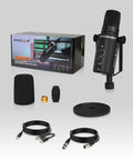 Dynamic XLR USB Microphone for Podcasting and Streaming Kit showing mic, cables, pop filter, and packaging.