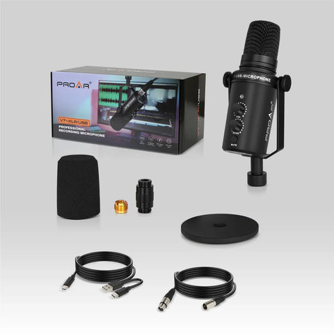 Dynamic XLR USB Microphone for Podcasting and Streaming Kit showing mic, cables, pop filter, and packaging.