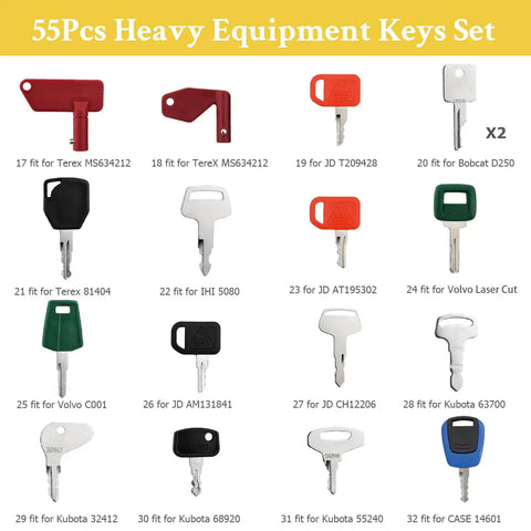 55 Piece All In One Heavy Equipment Keys Master Set showing various keys for excavators and construction machines