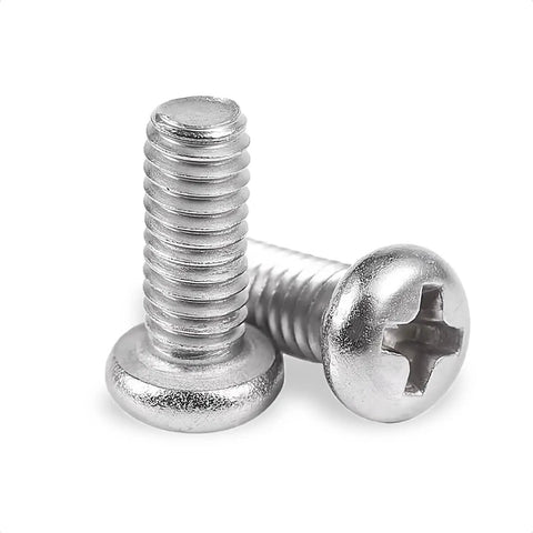 Kickass M4 X 10mm Phillips Head Stainless Steel Machine Screws Rust Resistant Heavy Duty Hardware Fasteners Top Shelf Silver Finish Pack Of 10 For Shop Projects, close-up of two screws.