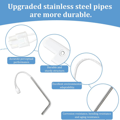 Stainless Ice Maker Bin Temperature Sensor Upgrade Replacement for Whirlpool KitchenAid Kenmore Ice Makers Replaces W10511923 WPW10511923 AP6022509 PS11755842 showing features like durability and corrosion resistance.