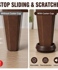 Comparison of furniture leg with and without 10 Pack Furniture Caster Cups With Plush Felt Bottom Anti Skid Floor Savers.