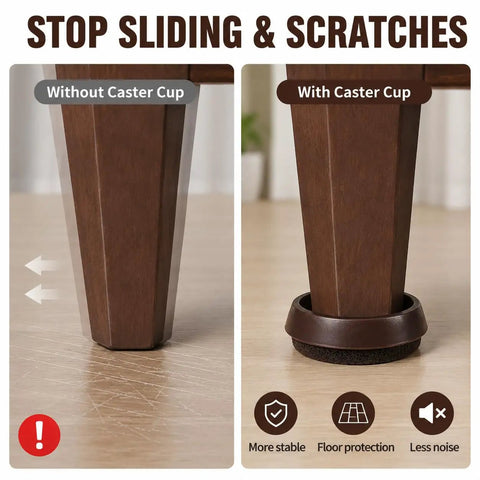 Comparison of furniture leg with and without 10 Pack Furniture Caster Cups With Plush Felt Bottom Anti Skid Floor Savers.