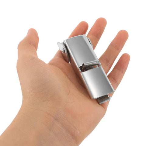 Heavy Duty Stainless Steel Toggle Latch For Toolbox And Cabinet Hardware Adjustable Clasp Draws Lock held in hand, showcasing size and polished finish.