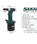 Heavy Duty Pneumatic Hydraulic Rivet Gun With Quick Release Air Valve And Multiple Nose Sizes For Three Sixteenth Inch And Two Point Four Millimeter Rivets Fast High Speed Assembly Workhorse Build Easy One Hand Operation shown with specifications.