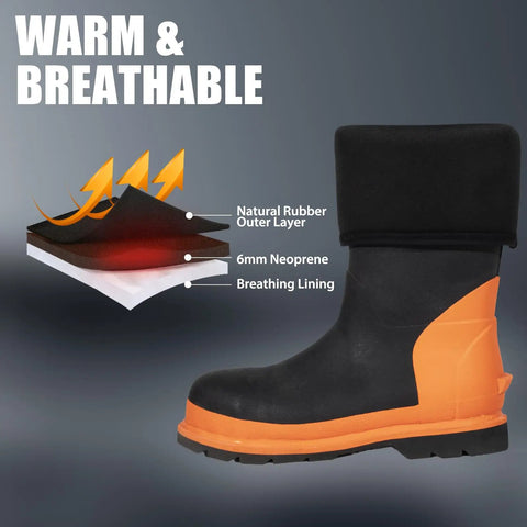 Side view of Steel Toe Rubber Boots For Men With Puncture Proof Steel Shank Waterproof Insulated 6mm Neoprene Work Boots Black Orange Size 8