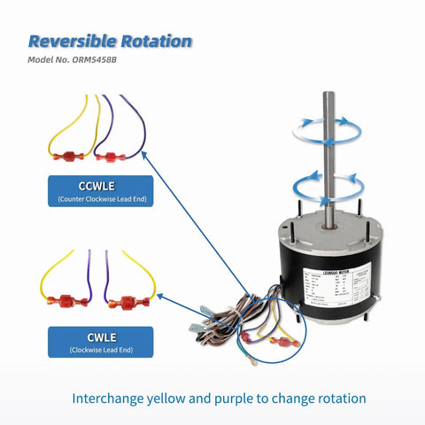 Diagram showing Beefy Condenser Blower Motor One Third To One Sixth HP 1075 RPM 208-230V 2A 48Y Frame Replaces ORM5458 with reversible rotation