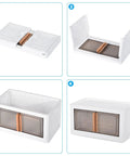 4 Pack Clear Amber Plastic Storage Bins With Secure Lids Stackable Collapsible Closet Organizers showing assembly steps.