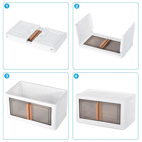 4 Pack Clear Amber Plastic Storage Bins With Secure Lids Stackable Collapsible Closet Organizers showing assembly steps.