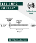 Rock Solid Number 10 Truss Head Screws With Phillips Drive Self Tapping Sheet Metal And Wood Fasteners Crafted From Durable 304 Stainless Steel One Point Five Inch Bright Finish Hardware 100 Piece Pack size information diagram.