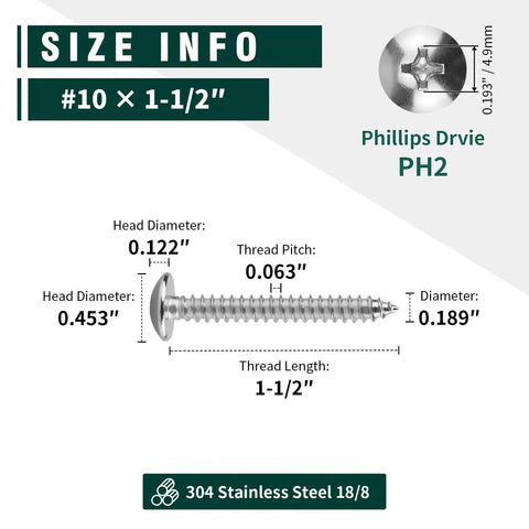 Rock Solid Number 10 Truss Head Screws With Phillips Drive Self Tapping Sheet Metal And Wood Fasteners Crafted From Durable 304 Stainless Steel One Point Five Inch Bright Finish Hardware 100 Piece Pack size information diagram.