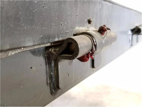 Close-up of Beefed Up Weld On Butterfly Ramp Hinge With Grease Fitting For Cargo Trailer Doors, 1000 Lb Capacity, Black Raw Steel Finish