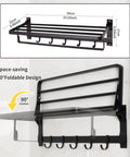Pro Grade Heavy Duty Aluminum Wall Mount Towel Rack With Shelf And Hooks 24 Inch Double Foldable Towel Bar Matte Black Bathroom Organizer