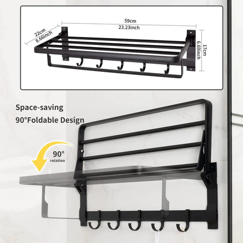 Pro Grade Heavy Duty Aluminum Wall Mount Towel Rack With Shelf And Hooks 24 Inch Double Foldable Towel Bar Matte Black Bathroom Organizer