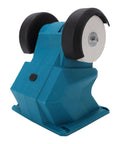 Slick Mini Bench Grinder With Dual Wheels Cordless Design Accepts 18V Batteries For Sharpening Deburring And Polishing Jobs featuring a blue base and dual grinding wheels.