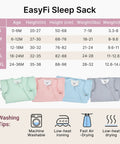 Chart with sizes and weights for EasyFi sleep sacks with washing tips, four folded sacks in pastel colors visible below.