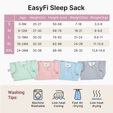 Chart with sizes and weights for EasyFi sleep sacks with washing tips, four folded sacks in pastel colors visible below.