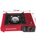 Red 8500 BTU portable butane stove with auto ignition and safety lock, 13.5x11x4.45 inch, designed for camping and outdoor use.