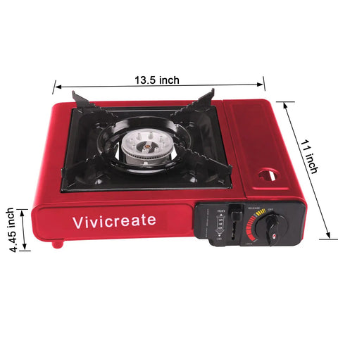 Red 8500 BTU portable butane stove with auto ignition and safety lock, 13.5x11x4.45 inch, designed for camping and outdoor use.