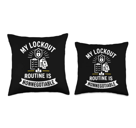 Lockout Tagout Routine Throw Pillow For Industrial Techs And Plant Mechanics Who Treat Safety As Nonnegotiable Emblem For Energy Isolation Checks Breaker Panels Valve Lockouts And Smooth Shift Handoff In Factories, black 100% spun-polyester