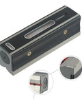Precision 0.02mm/m Machinist Level, Industrial Grade Steel Spirit Level with V-Groove Base, showing bubble vial and details.