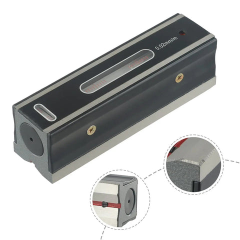 Precision 0.02mm/m Machinist Level, Industrial Grade Steel Spirit Level with V-Groove Base, showing bubble vial and details.