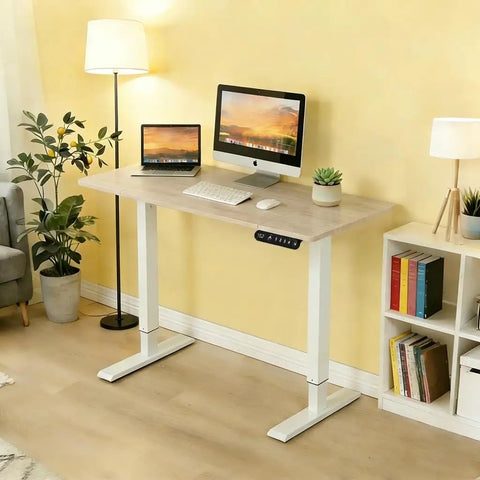 Home Office Game Changer Electric Standing Desk With Height Adjustable Programmable Memory Buttons Solid Steel Frame Smooth Motor Lift For Daily Comfort And Reliable Performance In 48 By 24 Inches in a bright home office setup.