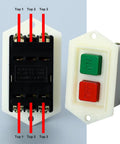 Heavy Duty Push Button Switch 380V With Lockable Transparent Cover Flush Mount For Machinery And Power Tool Control Panels Built For Tough Jobs, Industrial Grade, Easy Maintenance Access, Secure Lockout., front and rear view with green ON and red OFF buttons