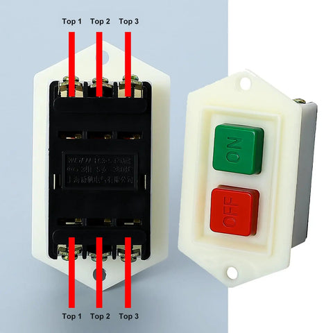 Heavy Duty Push Button Switch 380V With Lockable Transparent Cover Flush Mount For Machinery And Power Tool Control Panels Built For Tough Jobs, Industrial Grade, Easy Maintenance Access, Secure Lockout., front and rear view with green ON and red OFF buttons