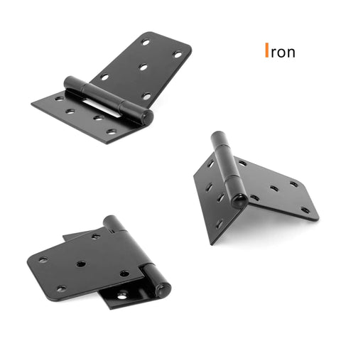 Hard As Nails Black Iron Hinges 4.5 Inch For Heavy Outdoor Gates Rust Proof Finish shown from multiple angles.