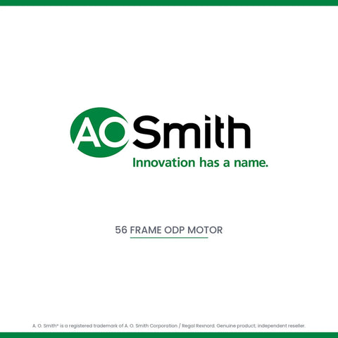Logo of A.O. Smith featuring text 'Innovation has a name' with focus on 56 Frame ODP Motor.