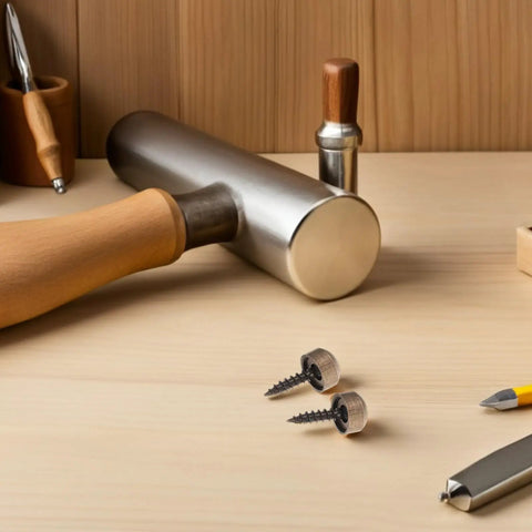 Top Shelf Copper Self Tapping Screws With Decorative Caps For Mirror And Wood Fastening Rust Resistant Hardware Kit on a workbench.