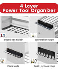 Diagram of 4-layer power tool organizer with electric drill, screwdriver, pliers holders, and multi-purpose hooks