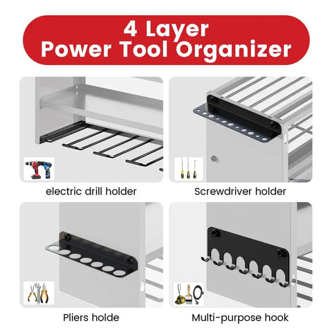 Diagram of 4-layer power tool organizer with electric drill, screwdriver, pliers holders, and multi-purpose hooks