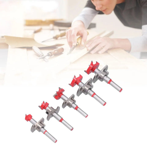Top Shelf Forstner Drill Bit Kit For Precision Woodworking And Furniture Crafting features 5 alloy hole cutters in use.