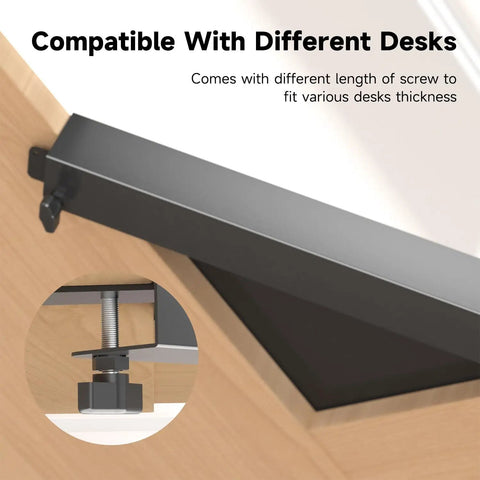 17 Inch Black Corner Desk Extender For L Shaped Workstations Brings A Hella Solid No Drama Clamp Mount Setup close-up of adjustable clamp for different desk thicknesses.