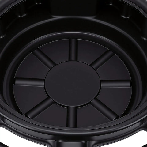 Inside view of Heavy Duty 15L Oil Drain Pan With Anti Splash Spout For Car And Motorcycle Oil Changes Super Tough Plastic.