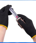 Daily Grind Gear Twelve Pair Pack Of Flexible Polyester Knit Work Gloves featuring sturdy black and yellow trim measuring with a tape.