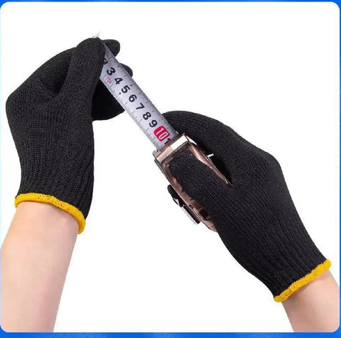 Daily Grind Gear Twelve Pair Pack Of Flexible Polyester Knit Work Gloves featuring sturdy black and yellow trim measuring with a tape.