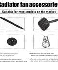 Radiator fan accessories including screws, washers, and springs for fan mounting; compatible with electric cooling systems.