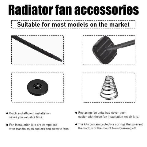Radiator fan accessories including screws, washers, and springs for fan mounting; compatible with electric cooling systems.