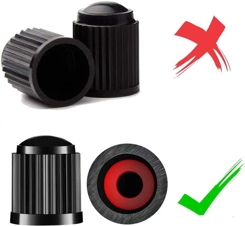 Image showing correct and incorrect 50 Pack Tire Valve Caps Plastic Valve Stem Caps With O Ring Seal Built For All Rides Cars SUVs Trucks Motorcycles And Bicycles Airtight Dust Proof Black design.