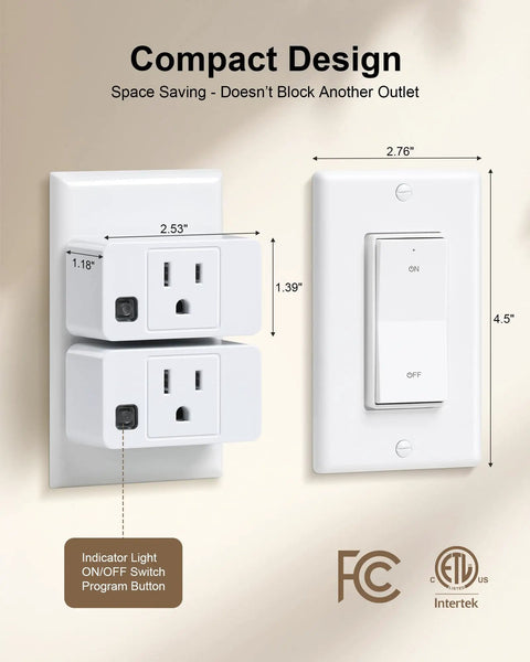Remote Control Outlet With Decorator Rocker Wall Switch 200 Foot Range Wireless Light Switch For Lamps And Household Appliances No Fuss Remote Plug 15 Amp 1875 Watt High Power ETL Listed shown as compact design with outlet and switch dimensions.