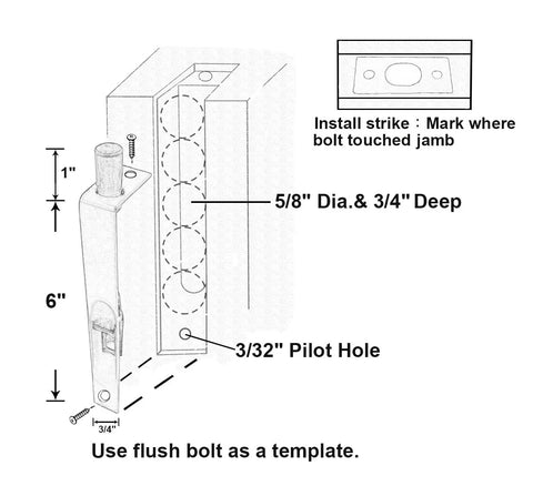 Diagram of Solid Brass Round Flush Bolt 6 Inch Matte Black Two Pack, installation guide with dimensions for door mounting.