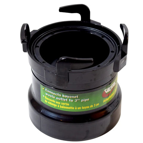 Rotating Rigid Pipe RV Waste Outlet Adapter 3 Inch Hub To Bayonet Hooks Black for secure sewer hose connection.