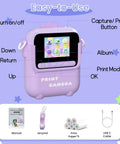 Totally Fun Kids Instant Print Camera With 1080P HD Photo Quality And On The Go Printing In Five Color Options For Playful Everyday Moments And Keepsakes Your Family Will Forever Love. purple kids instant print camera with labeled buttons and accessories