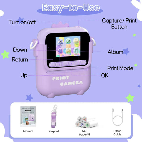 Totally Fun Kids Instant Print Camera With 1080P HD Photo Quality And On The Go Printing In Five Color Options For Playful Everyday Moments And Keepsakes Your Family Will Forever Love. purple kids instant print camera with labeled buttons and accessories