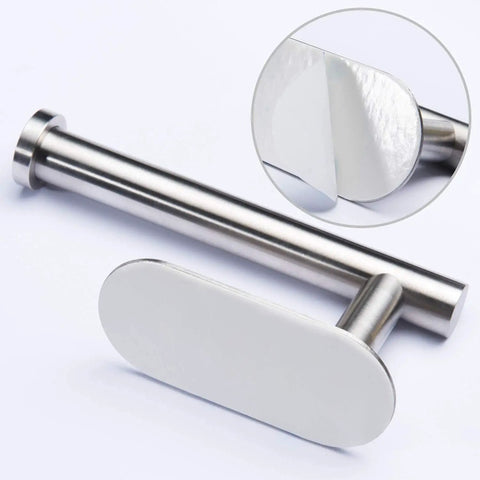Stick On Toilet Paper Holder No Drilling Stainless Steel Brushed Finish Easy Install For Bathroom Bedroom And Lavatory Durable SUS 304 Roll Holder Six Point Two Inch Long Two Point Six Inch Plate with adhesive back shown.